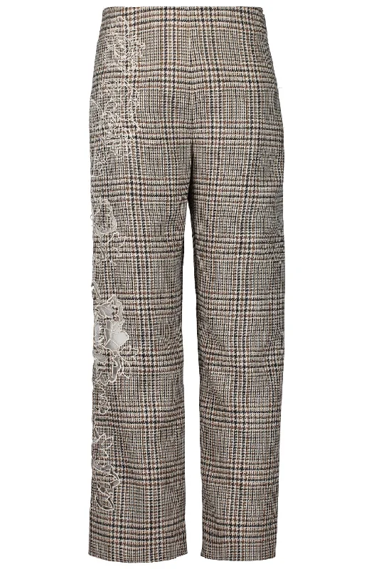 Peony Appliqué Plaid Pant Comfy Zip-Up Pants