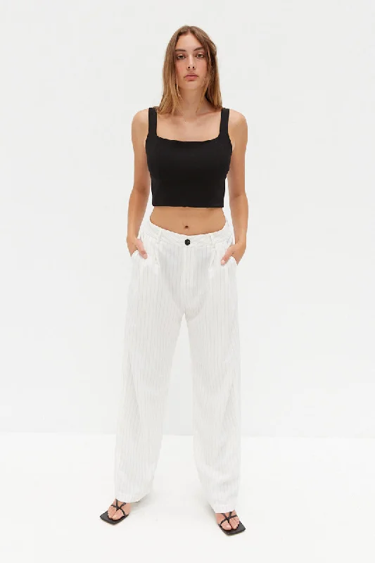 Pinstripe Pants - White Trendy Wide-Leg Pants