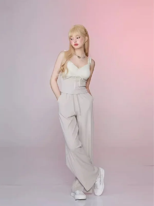 Dressy Beige Gray Lace Camisole Top Casual Pants Set【s0000006352】 Cozy Knit Pants