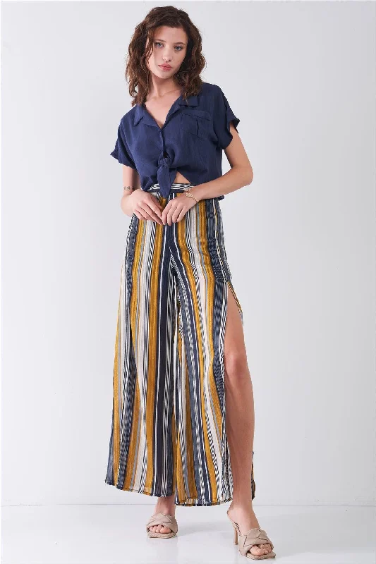 Striped Glitter Stitching High Waist Side Slit Wide Leg Pants Classic Pleated Pants