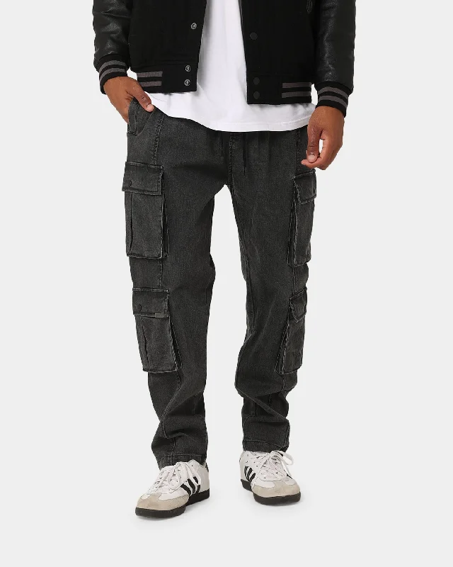 Carre Double Denim Cargo Pants Washed Black Comfortable Jogging Pants