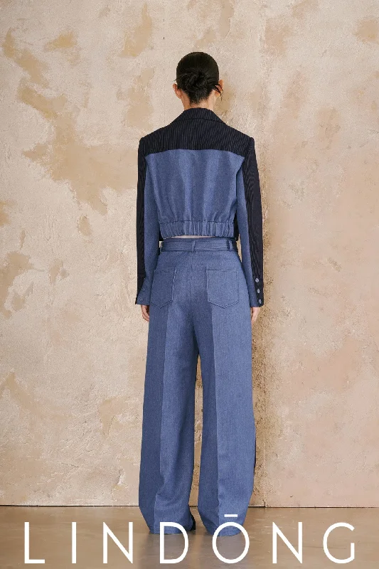 LINDONG | Oceane Blue Striped Contrast Pants Trendy Velvet Pants