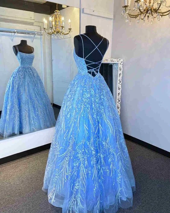 Elegant Straps Blue Appliqued Formal Prom Dress  C36