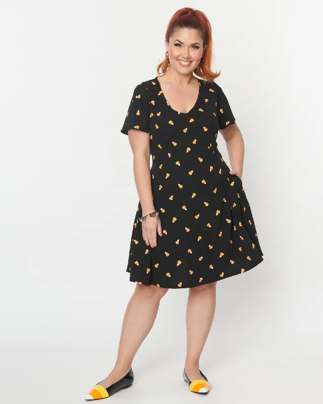 Unique Vintage Black Candy Corn Print Poppy Flare Dress | Black
