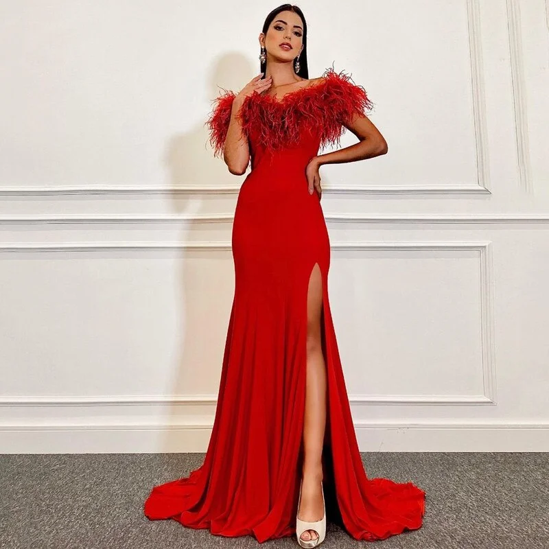 Women Wear Long Dresses for Evening Party Luxury Feathers Bateau Neck Prom Gowns Side Split Vestidos De Fiesta,LW012 Women Wear Long Dresses for Evening Party Luxury Feathers Bateau Neck Prom Gowns Side Split Vestidos De Fiesta,LW012