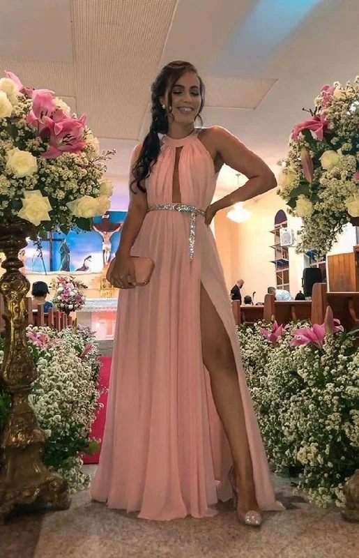 Halter Long Prom Dress With Split  C702