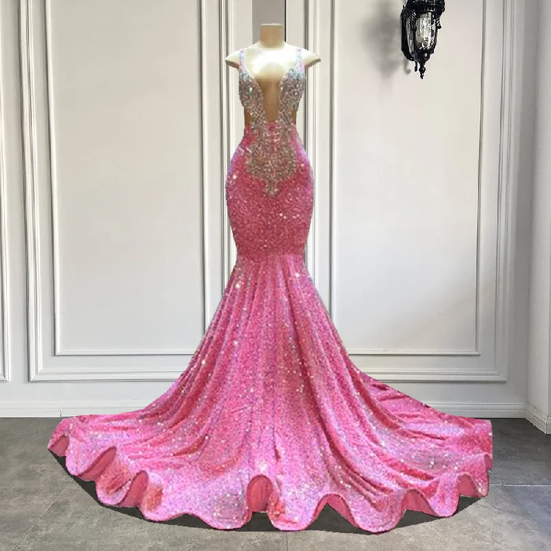 pink prom dresses, deep v neck prom dresses, sparkly prom dresses, 2022 evening dresses,DS4493
