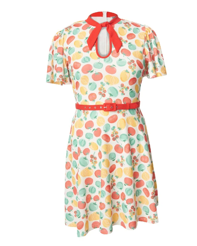 Unique Vintage Ivory & Red Tomato Print Flare Dress | White & Tomato Print