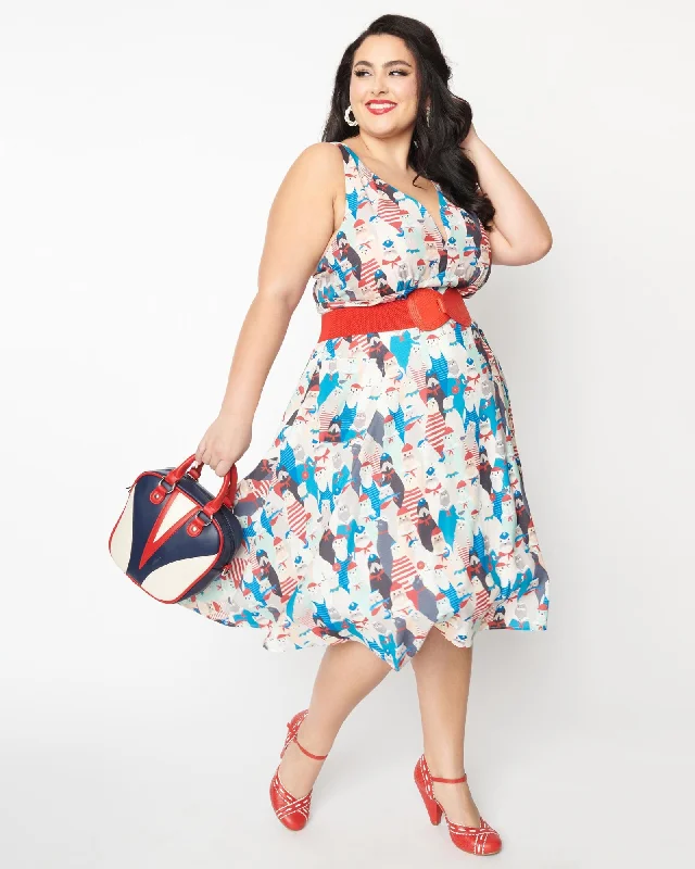 Unique Vintage La Jolla Cove Print Halter Swing Dress | Red/Blue/White Seal Print
