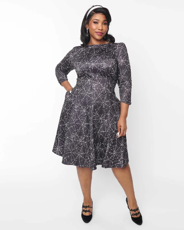 Unique Vintage Curve Black Spiderweb Swing Dress | Black