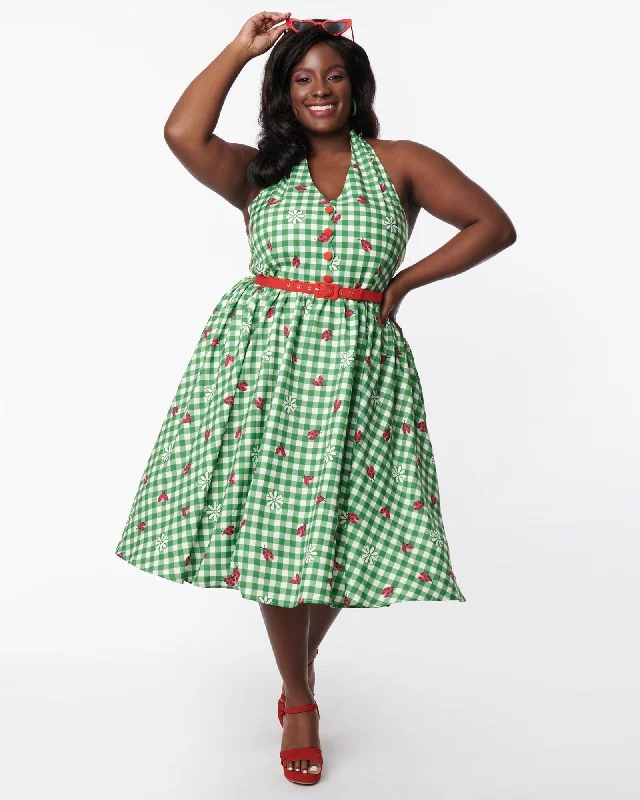 Unique Vintage 1950s Green Gingham Ladybug Halter Swing Dress | Green Gingham & Ladybug Print