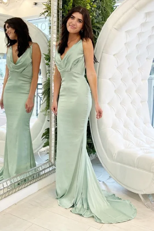 mermaid cowl neck sage green satin long prom dress for girls C956