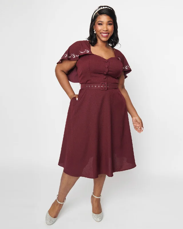 Unique Vintage Eggplant & Moon Embroidered Capelet Swing Dress | Purple