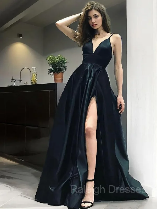 A-Line/Princess V-neck Floor-Length Satin Prom Dresses With Leg Slit