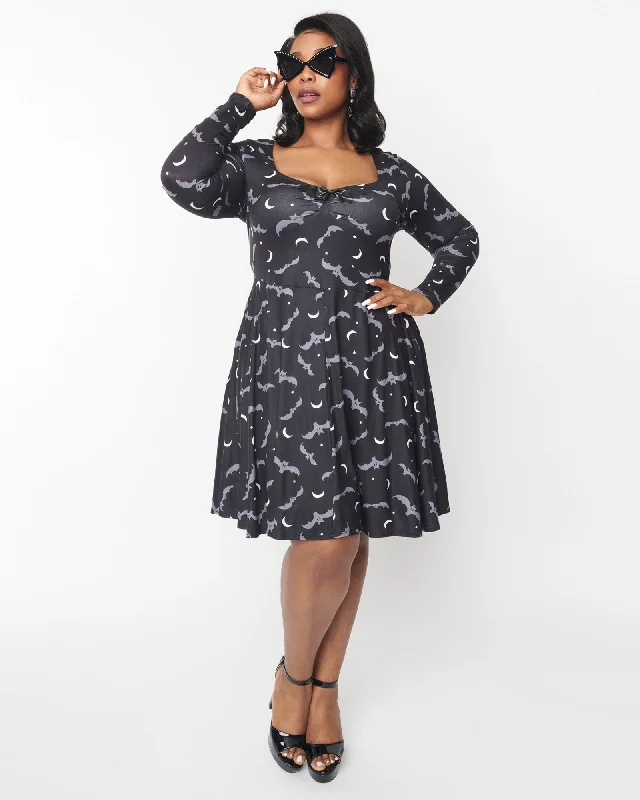 Unique Vintage Grey Bat & Moon Hello Gorgeous Flare Dress | Grey