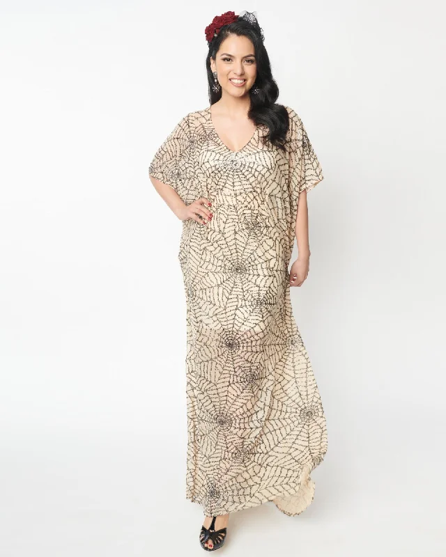 Unique Vintage Nude Sequin Spiderweb Burton Caftan Dress | Nude