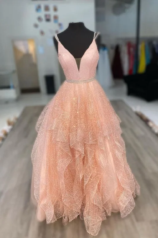 Gorgeous Illusion V-Neck Peach Prom Dress C976