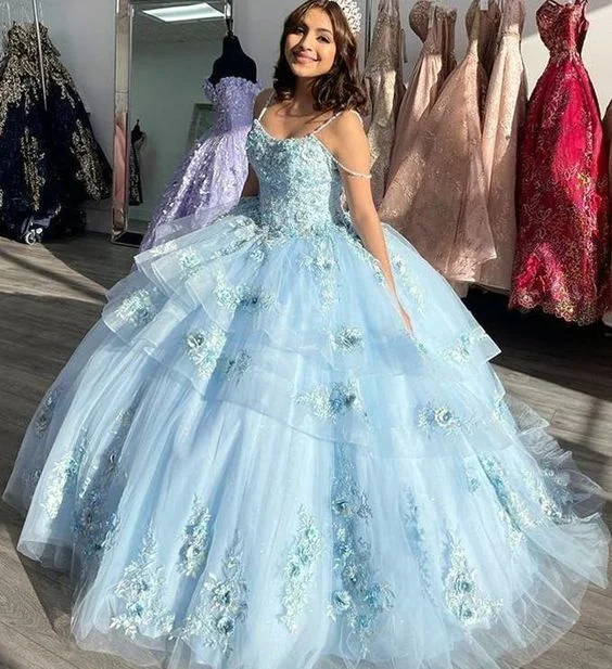 Sky Blue Lace Quinceanera Dresses Spaghetti Beaded Ball Gown Tulle Prom Gowns ,DS4615 Sky Blue Lace Quinceanera Dresses Spaghetti Beaded Ball Gown Tulle Prom Gowns ,DS4615