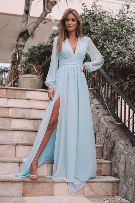 Light Blue Long Sleeves V Neck Chiffon Prom Dress, Elegant Split Long Formal Dresses C355 Light Blue Long Sleeves V Neck Chiffon Prom Dress, Elegant Split Long Formal Dresses C355
