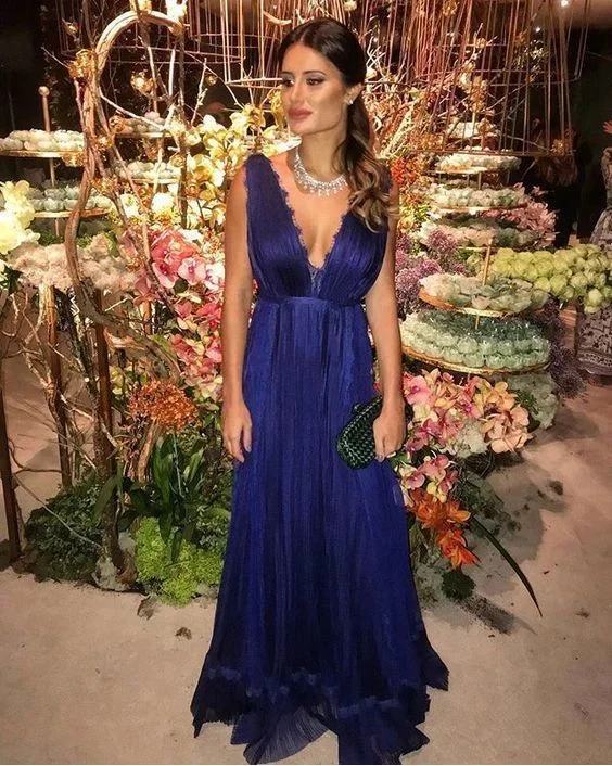 Navy Blue Prom Dresses V Neck floor length C246