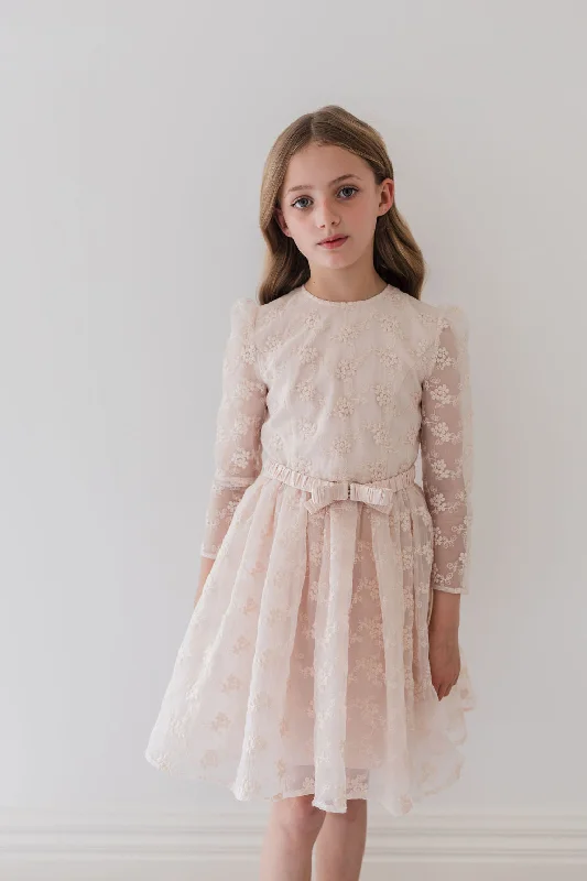 Petite Amalie Soft Peach Vine Embroidered Organza Dress