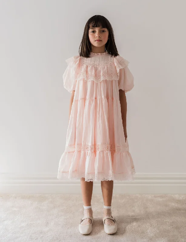 Petite Amalie Soft Peach Poppy Lace Trim Linen Dress