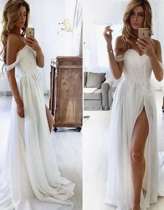 Off the Shouder White Prom Dresses with Split Side C626