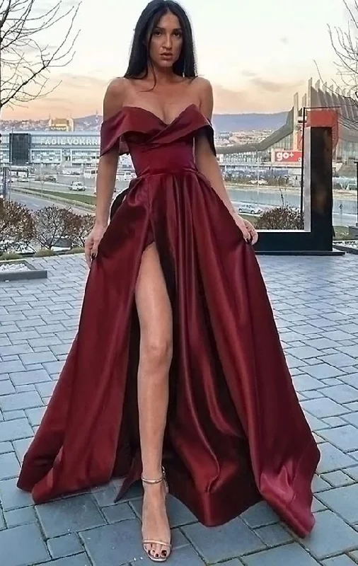 Elegant A Line Satin Off the Shoulder Royal Blue Long Women Formal Prom Dresses Party Gown with Slit C1689