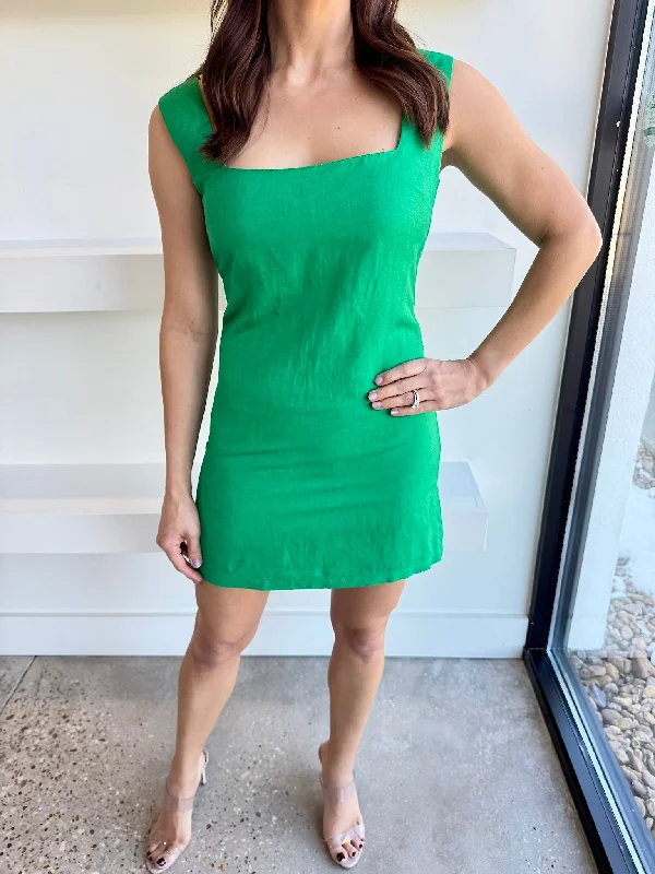 Green Birdie Linen Dress