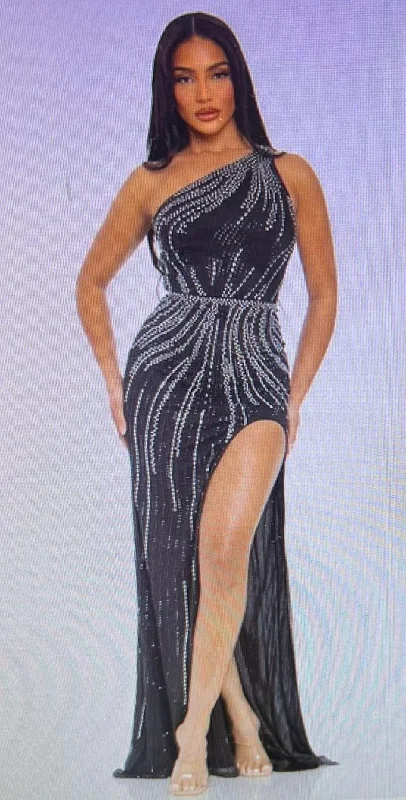 One Shoulder Rhinestones Long Dress