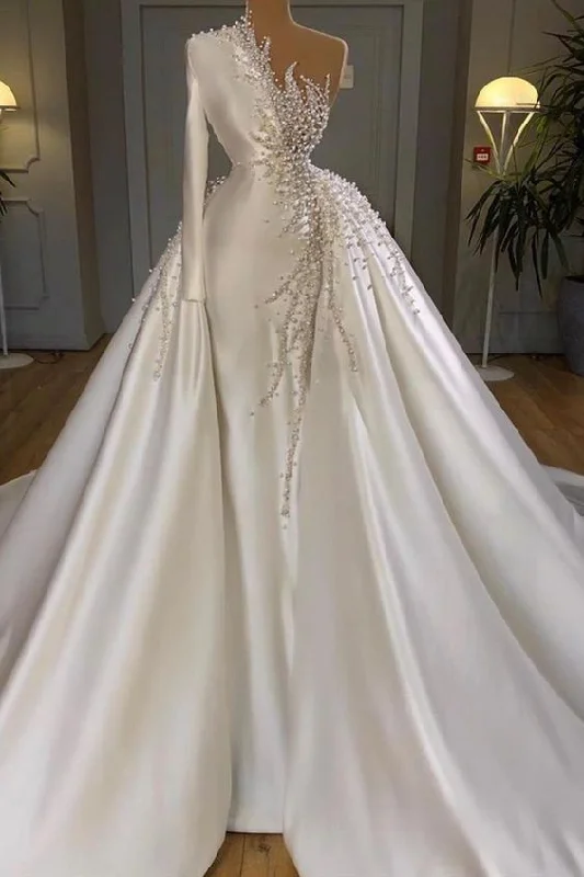 Gorgeous One Shoulder Satin White Beading Mermaid Prom Dresses C1378