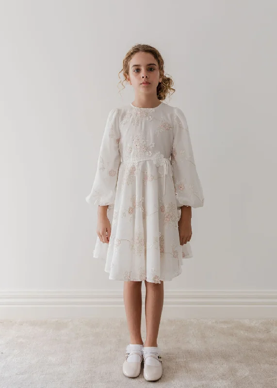 Petite Amalie White/Pink Floral Applique Embroidered Dress