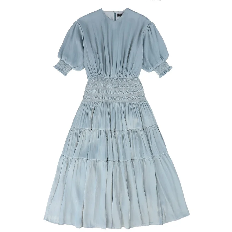 Bamboo Blue Silk Smock Waisted Dress