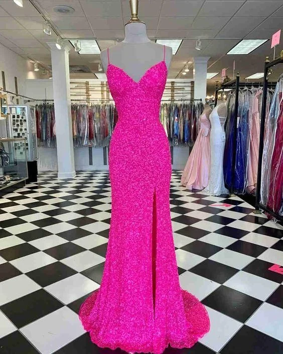 Hot Pink Straps Prom Dress with Slit  C1165