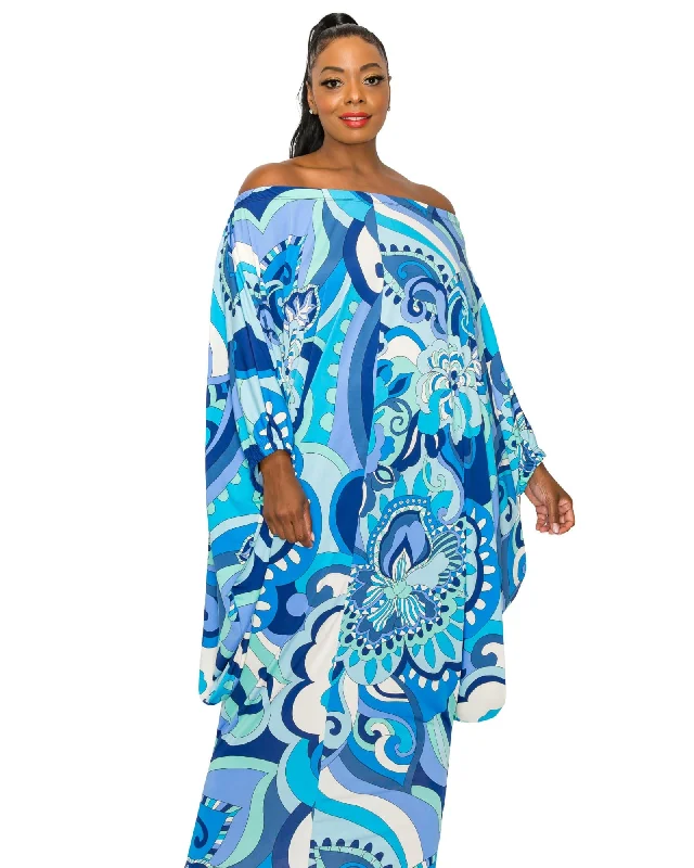 Paisley Dreams Off-Shoulder Kaftan Dress | Blue