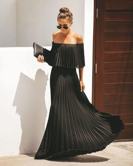 Elegant Off Shoulder Chiffon Summer Ruffle Pleated Prom Dresses  C749
