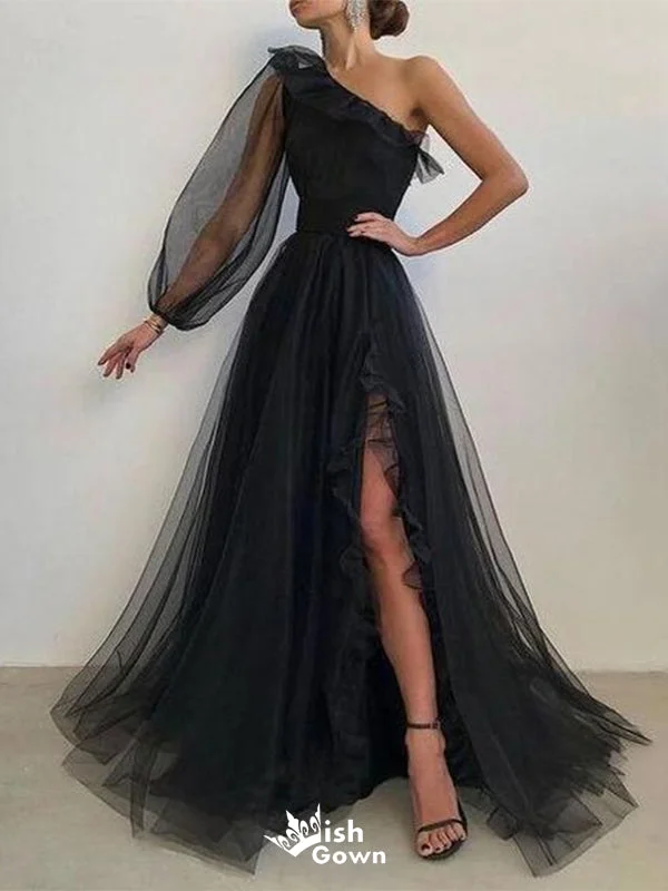 Elegant Black A-Line Asymmetric One Shoulder Side Slit Popular Long Evening Dresses, Formal Dresses, Birthday Party, WGP586 Elegant Black A-Line Asymmetric One Shoulder Side Slit Popular Long Evening Dresses, Formal Dresses, Birthday Party, WGP586