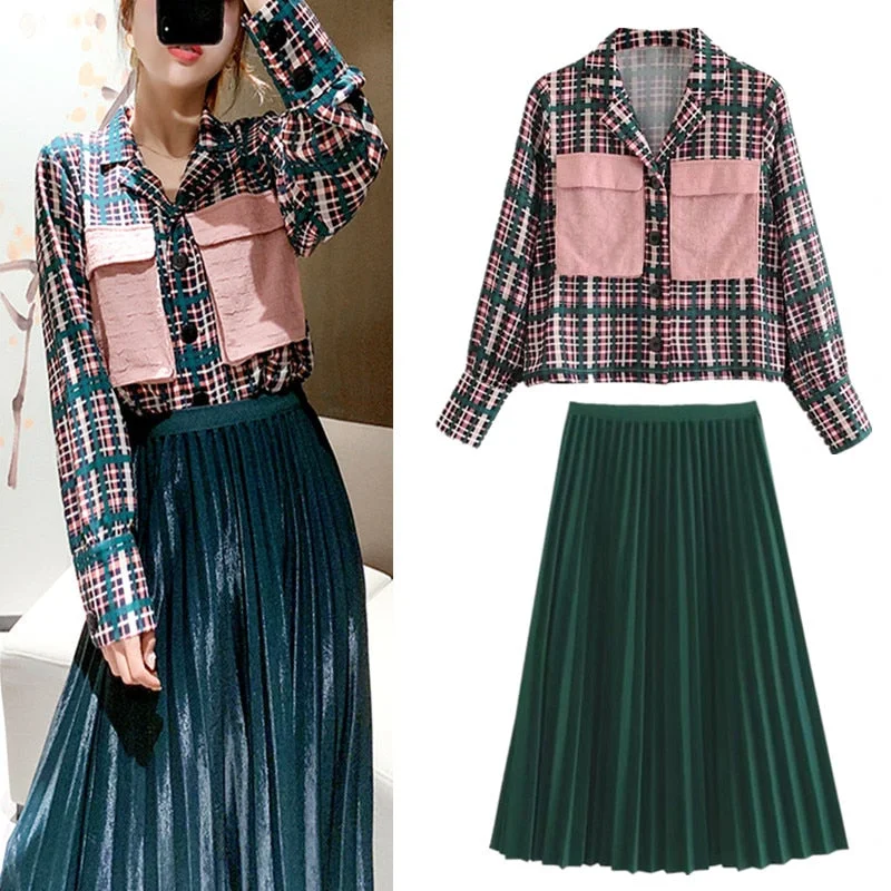 2 Pcs Clothing Set Women's Plaid Big Pockets Loose Blouses Tops + Green Pleated Shinny Long Graceful Party Skirt Suit NS178 Airy Cotton Blouse