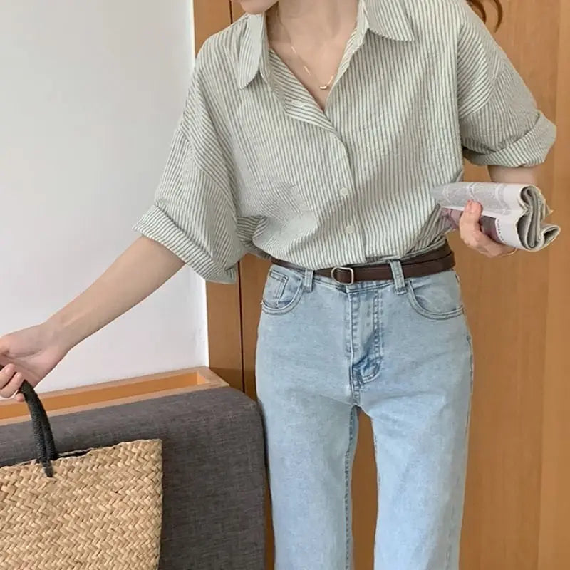 2024 Spring Green Vertical Stripe Chiffon Blouse for Women Frilled Cuff Blouse