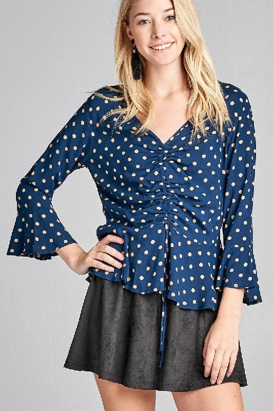 3/4 Sleeve Dot Print V-Neck Blouse w/ Shirring Detail & Flared Hem Asymmetric Hem Blouse