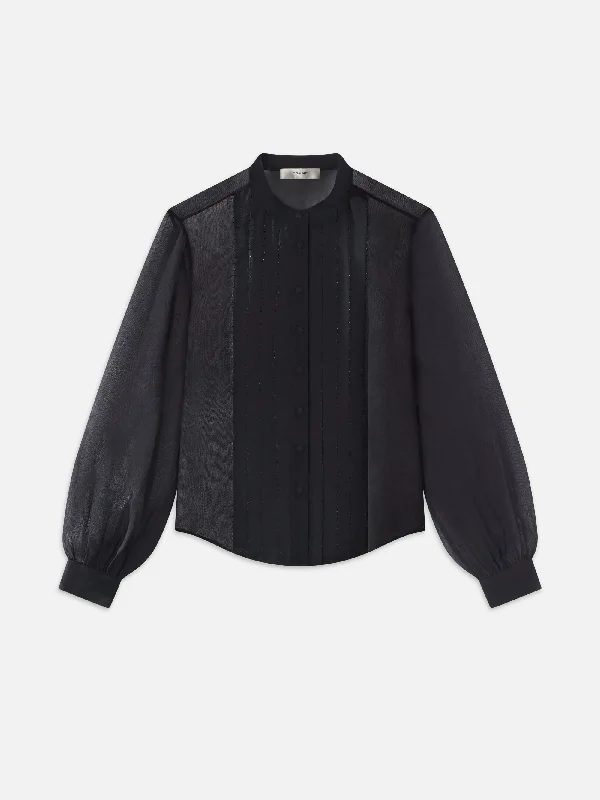 Beaded Collarless Blouse -- Black Delicate Pleat Blouse