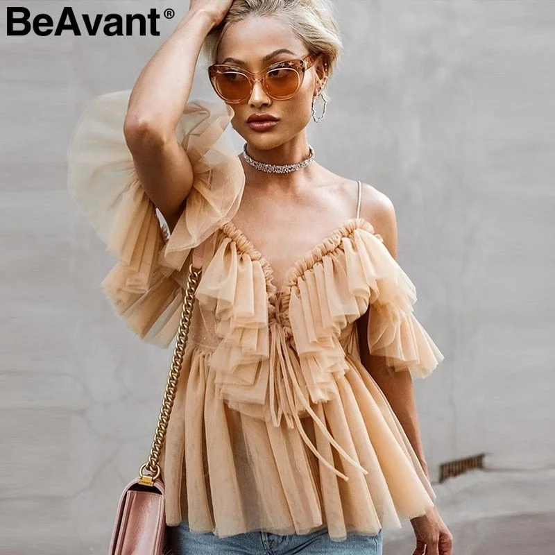 BeAvant Off shoulder Backless sexy peplum Vintage ruffle tops and blouses Soft Knit Blouse