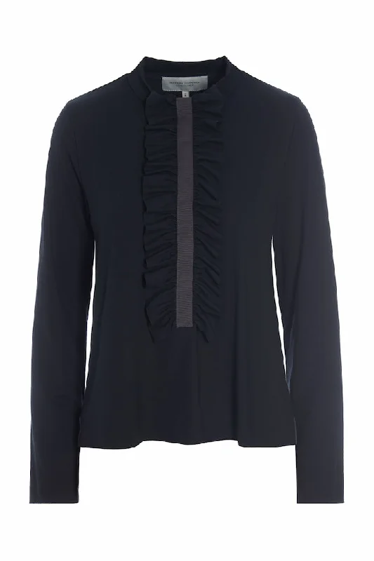 BLOUSE w/ FRILLS - 96090 - BLACK Feminine Pastel Blouse