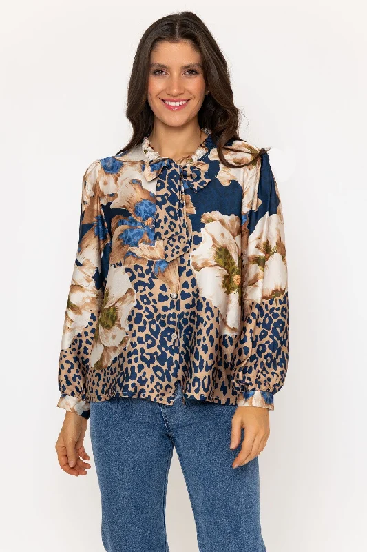 Blue Print Tie Neck Sateen Blouse Drape Neck Blouse