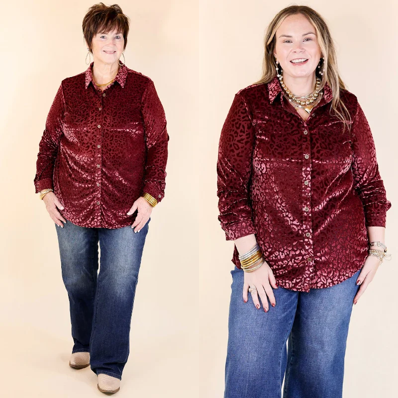 Candy Apple Evening Button Up Animal Print Velvet Long Sleeve Blouse in Wine Red Lightweight Chiffon Blouse Candy Apple Evening Button Up Animal Print Velvet Long Sleeve Blouse in Wine Red Lightweight Chiffon Blouse
