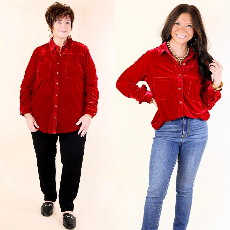 Candy Apple Evening Button Up Velvet Long Sleeve Blouse in Red Cotton Casual Blouse