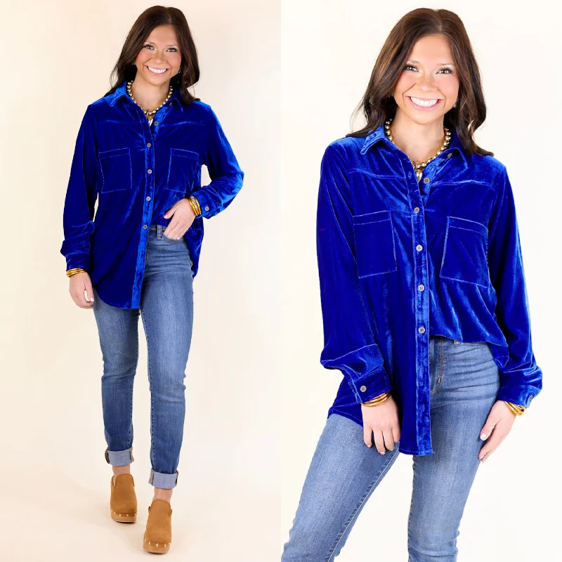 Candy Apple Evening Button Up Velvet Long Sleeve Blouse in Royal Blue Puff Sleeve Blouse Candy Apple Evening Button Up Velvet Long Sleeve Blouse in Royal Blue Puff Sleeve Blouse