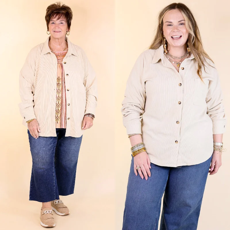Captivating Cuteness Corduroy Button Up Shacket in Cream Peter Pan Blouse