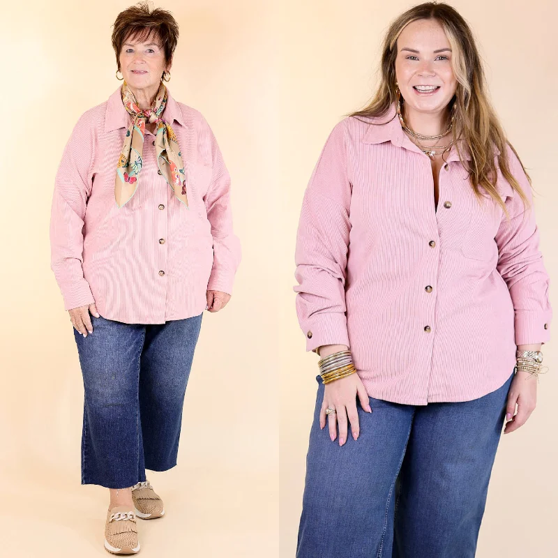 Captivating Cuteness Corduroy Button Up Shacket in Light Pink Modern Work Blouse