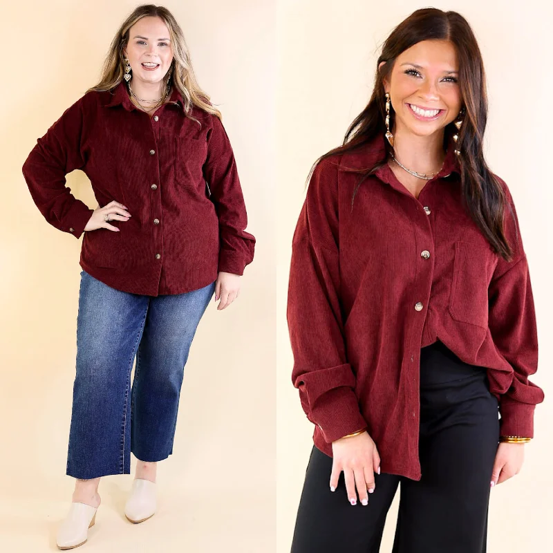 Captivating Cuteness Corduroy Button Up Shacket in Maroon Textured Cotton Blouse